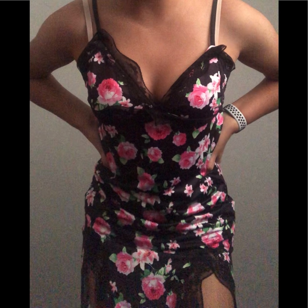 shein black and pink floral slip dress
